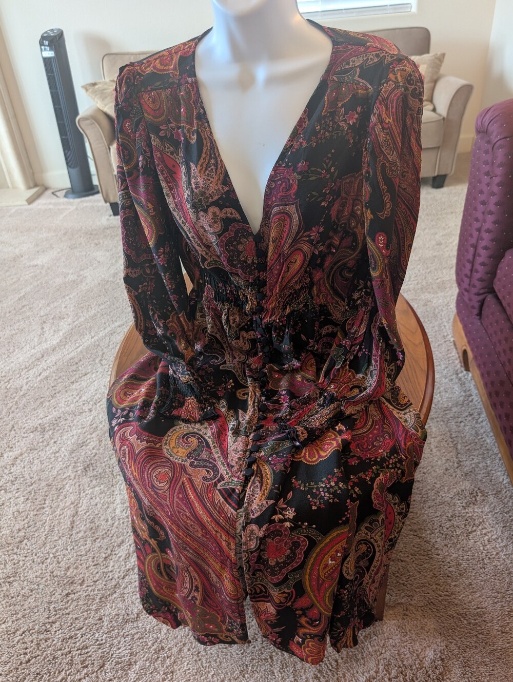 Zara Paisley V-Neck Button Down Maxi Dress in Black, Red & Gold Accents, Size L